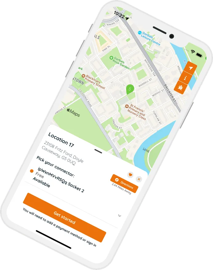 Urban Fox app showing the chargepoint map