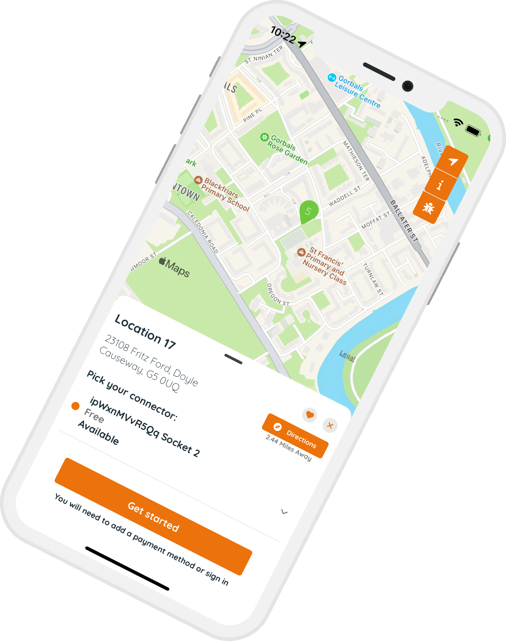 Urban Fox app showing the chargepoint map